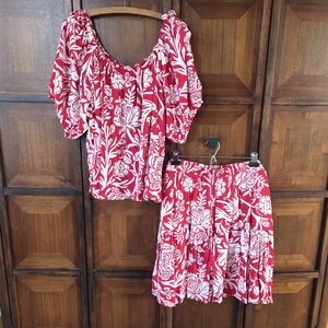 Knox Rose Tropical Red & White Rayon Blouse XL And Skirt XXL Set